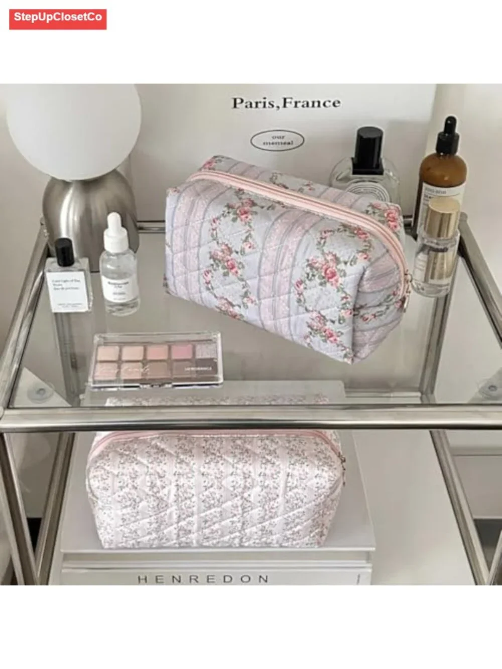 Quilted Floral Cosmetic Bag Women Travel Toiletry Makeup Organizer Portable